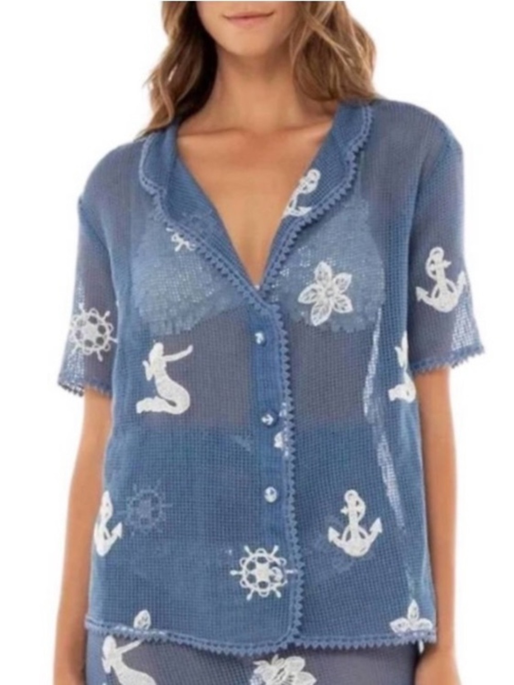 Aqua Bendita Kai Collection Axel Shirt  Top Mesh Nautical Embroidered Blue